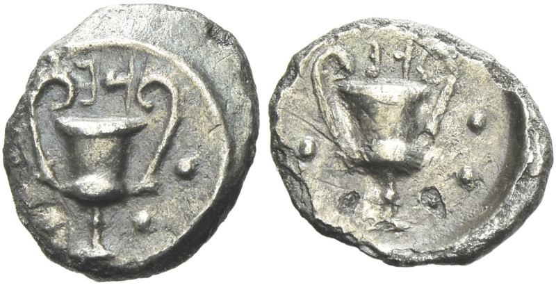 Tarentum 

Obol circa 280-228, AR 9 mm, 0.42 g. Cantharus; above, E-|. Around,...