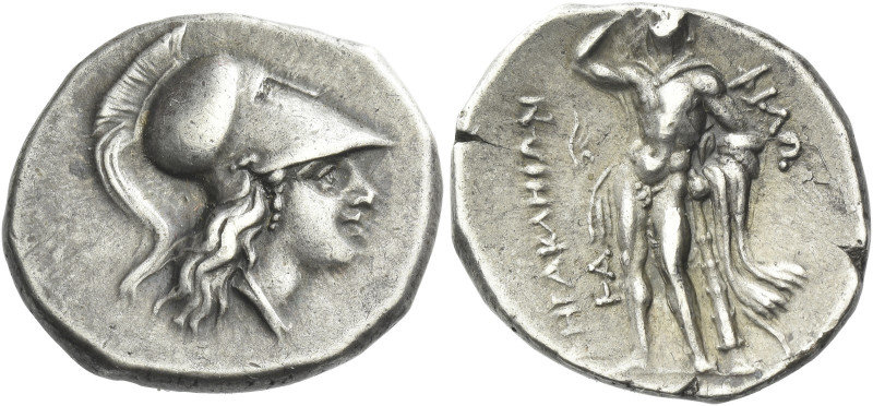 Heraclea

Nomos circa 281-278, AR 21 mm, 6.46 g. Helmeted head of Athena r., w...