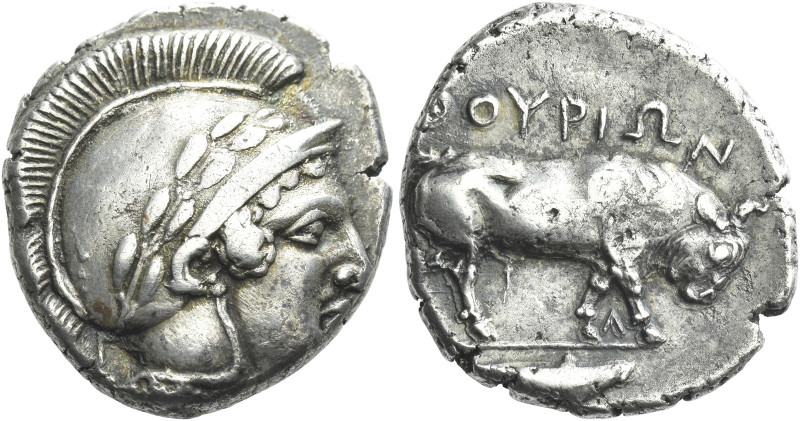 Thurium 

Nomos circa 443-400, AR, 20 mm, 7.96 g. Head of Athena r., wearing c...