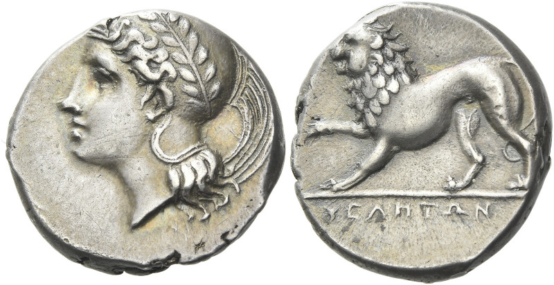 Velia 

Nomos circa 334-300, AR 20 mm, 7.60 g. Head of Athena l., wearing cres...