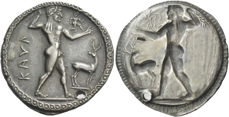 Caulonia 

Nomos circa 525-500, AR 30 mm, 8.08 g. ΚΑVΛ Apollo, diademed, walki...