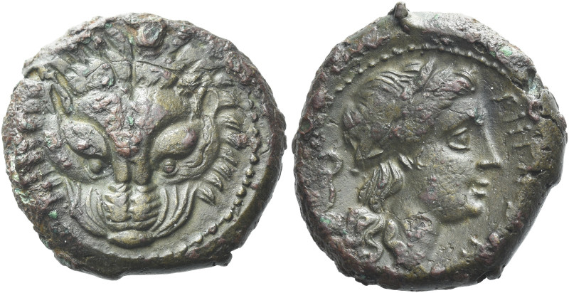 Rhegium 

Bronze circa 351-280, Æ 20 mm, 8.57 g. Facing lion mask with pointed...