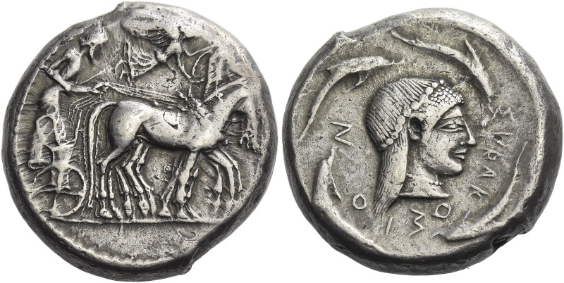 Syracuse

Tetradrachm circa 480-475, AR 24 mm, 17.25 g. Slow quadriga driven r...