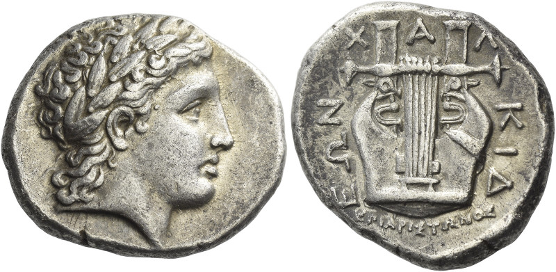 Olynthus, The Chalcidian League

Tetradrachm circa 350, AR 26 mm, 14.38 g. Lau...