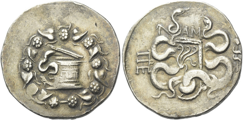 Pergamum 

Cistophoric tetradrachm circa 166-67, AR 27 mm, 12.56 g. Serpent em...