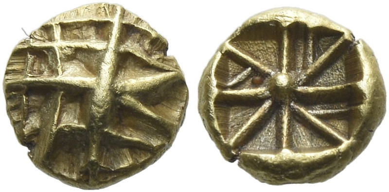 Uncertain mint 

Myshemihecte circa 625-600, EL 8 mm, 0.54 g. Geometric figure...