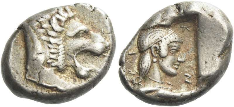 Caria, Cnidus 

Drachm circa 465-449, AR 18 mm, 6.38 g. Forepart of lion r., w...