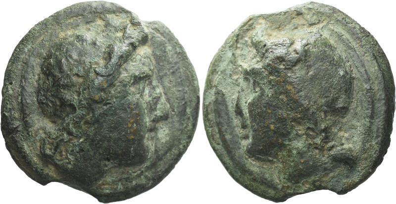 Cast as circa 270, Æ 65 mm, 330 g. Apollo head r., hair tied with band; above ma...