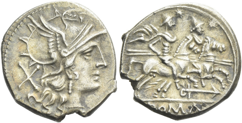 Denarius circa 179-170, AR 18 mm, 3.30 g. Helmeted head of Roma r.; behind, X. R...