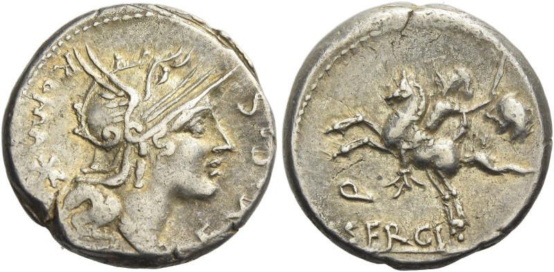 M. Sergius Silus. Denarius 116 or 115, AR 17 mm, 3.91 g. Helmeted head of Roma r...