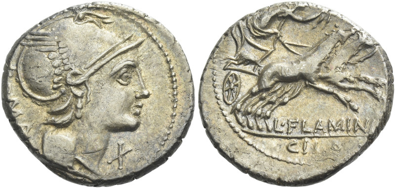 L. Flaminius Chilo. Denarius 109 or 108, AR 18 mm, 3.93 g. Helmeted head of Roma...