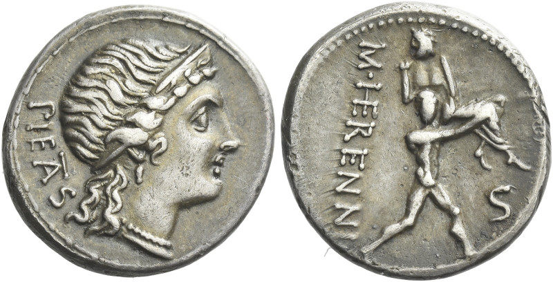 M. Herennius. Denarius 108 or 107, AR 18 mm, 3.85 g. PIETAS Diademed head of Pie...