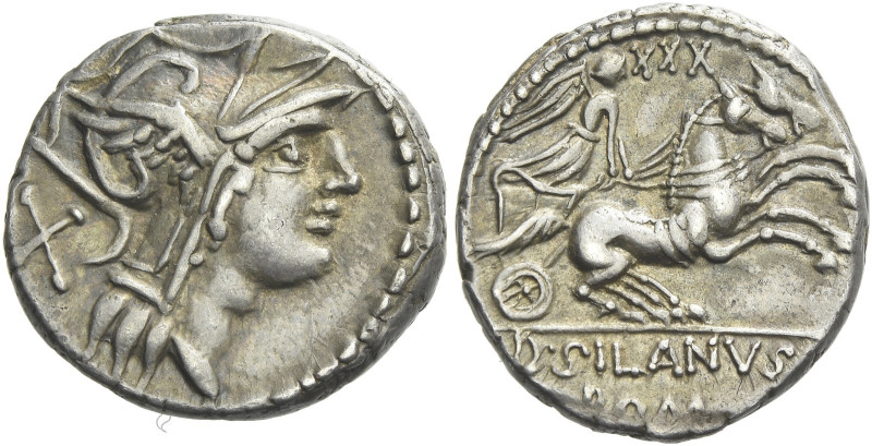 D. Iunius Silanus L.f. Denarius 91, AR 17 mm, 3.84 g. Helmeted head of Roma r.; ...