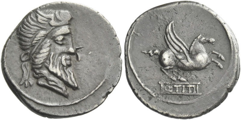 Q. Titius. Denarius 90, AR 18 mm, 3.56 g. Head of Mutinus Titinus r., wearing wi...