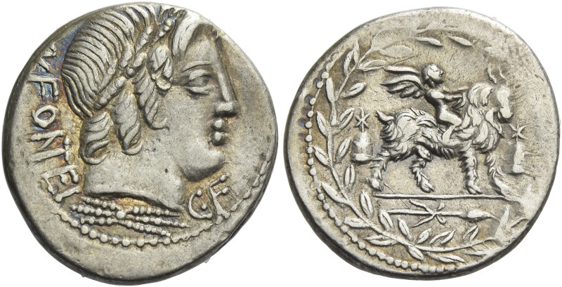 Mn. Fonteius C.f. Denarius 85, AR 18 mm, 3.91 g. MN·FONTEI Laureate head of Apol...