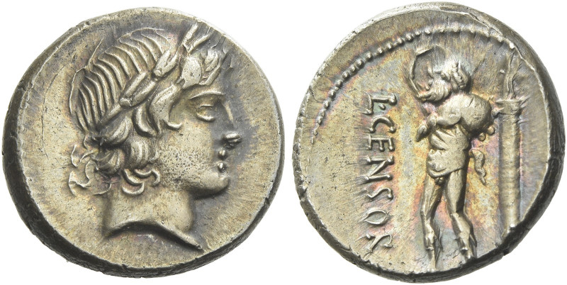 L. Marcius Censorinus. Denarius 82, AR 17 mm, 3.67 g. Laureate head of Apollo r....