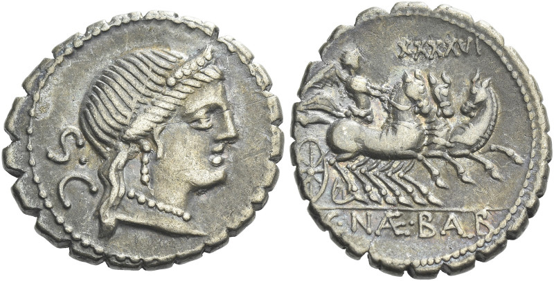 C. Naevius Balbus. Denarius serratus 80, AR 19 mm, 3.75 g. Diademed head of Venu...