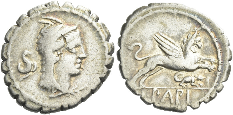 L. Papius. Denarius serratus 79, AR 19 mm, 4.09 g. Head of Juno Sospita r.; behi...