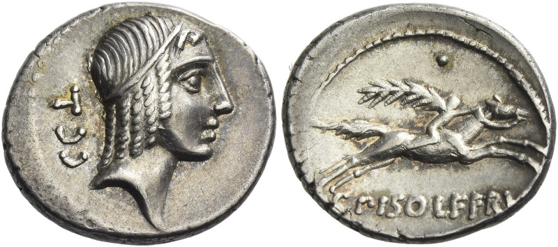 C. Calpurnius L.f. Frugi. Denarius 67, AR 18 mm, 3.89 g. Laureate head of Apollo...