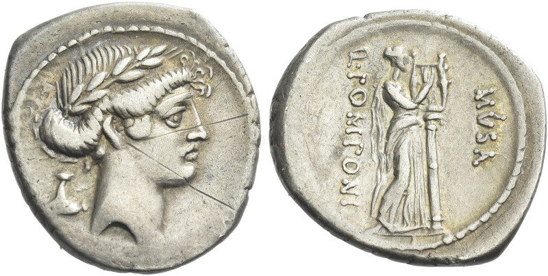 Q. Pomponius Musa. Denarius 66, AR 20 mm, 3.81 g. Laureate head of Apollo r.; be...