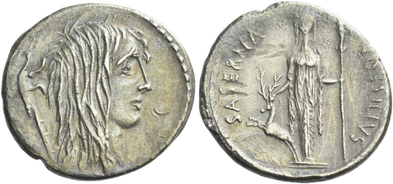 L. Hostilius Saserna. Denarius 48, AR 19 mm, 3.61 g. Female head r. with long ha...