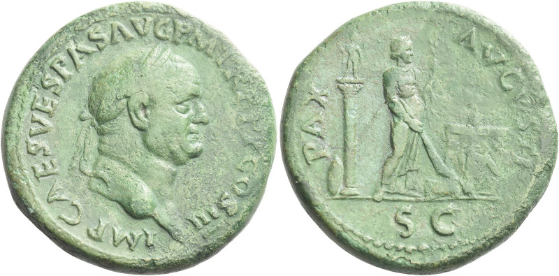 Vespasian, 69 – 79 

Sestertius 71, Æ 33 mm, 24.29 g. IMP CAES VESPASIAN AVG P...