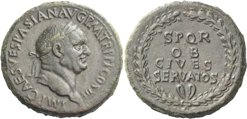 Vespasian, 69 – 79 

Sestertius 71, Æ 34 mm, 23.48 g. IMP CAES VESPASIAN AVG P...