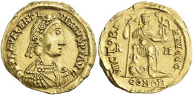 The Visigoths

Pseudo-Imperial coinage. In the name of Valentinian III. Solidus, uncertain mint 440–455, AV 22 mm, 4.38 g. D N PLA VALENTI – NIANVS ...