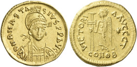 Anastasius, 11 April 491 – 1 July 518 

Solidus, 491-498, AV 21 mm, 4.47 g. D N ANASTA – SIVS P P AVG Helmeted, pearl-diademed and cuirassed bust th...