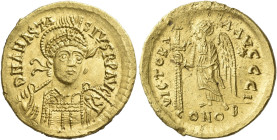 Anastasius, 11 April 491 – 1 July 518 

Solidus, 491-498, AV 21 mm, 4.48 g. D N ANASTA – SIVS P P AVG Helmeted, pearl-diademed and cuirassed bust th...