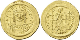 Justinian I, 527 – 565 

Solidus 545-565, AV 21 mm, 4.46 g. D N IVSTINI – ANVS P P AVG Helmeted, pearl-diademed and cuirassed bust three-quarters fa...