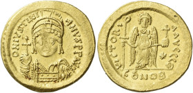 Justinian I, 527 – 565 

Solidus 545-565, AV 25 mm, 4.40 g. D N IVSTINI – ANVS P P AVG Helmeted, pearl-diademed and cuirassed bust three-quarters fa...