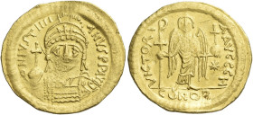 Justinian I, 527 – 565 

Solidus 545-565, AV 21 mm, 4.37 g. D N IVSTINI – ANVS P P AVG Helmeted, pearl-diademed and cuirassed bust three-quarters fa...