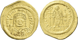 Justinian I, 527 – 565 

Solidus 545-565, AV 21 mm, 4.52 g. D N IVSTINI – ANVS P P AVG Helmeted, pearl-diademed and cuirassed bust three-quarters fa...