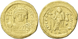 Justinian I, 527 – 565 

Solidus 545-565, AV 19 mm, 4.47 g. D N IVSTINI – ANVS P P AVG Helmeted, pearl-diademed and cuirassed bust three-quarters fa...