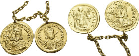 Justinian I, 527 – 565 

Two Byzantine Solidi set in mounts in a Contemporary Chain Necklace AV 16.71 g.. Including a solidus of Justinian I and one...