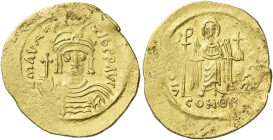 Maurice Tiberius, 582 – 602 

Solidus 583-601, AV 22 mm, 4.35 g. O N mAVRC – TIb P P AVC Cuirassed and draped bust facing, wearing crowned and diade...