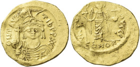 Maurice Tiberius, 582 – 602 

Solidus 583-601, AV 21 mm, 4.35 g. O N mAVRC – TIb P P AVC Cuirassed and draped bust facing, wearing crowned and diade...