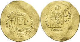 Maurice Tiberius, 582 – 602 

Light weight solidus of 23 siliquae, AV 22 mm, 4.29 g. O N MAVRC – TIb PP AVC Helmeted and cuirassed bust facing, with...