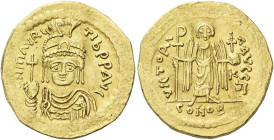 Maurice Tiberius, 582 – 602 

Solidus 582-602, AV 21 mm, 3.89 g. D N MAVRC TIb P P AVC Helmeted and cuirassed bust facing, wearing paludamentum, hol...