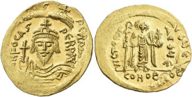 Phocas, 23 November 602 – 5 October 610 

Solidus 607-610, AV 22 mm, 4.49 g. d N FOCAS – PERP AVC Draped and cuirassed bust facing, wearing crown an...