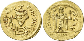 Phocas, 23 November 602 – 5 October 610 

Solidus circa 607–610, AV 21 mm, 4.45 g. d N FOCAS – PERP AVC Draped and cuirassed bust facing, wearing cr...