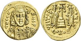 Constantine IV, Pogonatus 13 April 654 – 10 July 685 

Solidus, 674-681, AV 19 mm, 4.37 g. d N CON – TNY P P Helmeted and cuirassed bust facing thre...