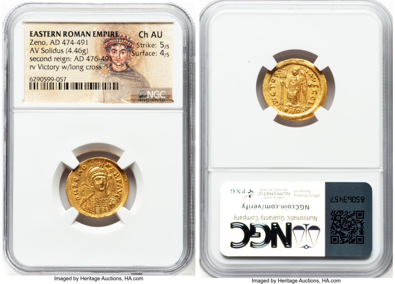 Zeno, Eastern Roman Empire (AD 474-491). AV solidus (19mm, 4.46 gm, 6h). NGC Cho...