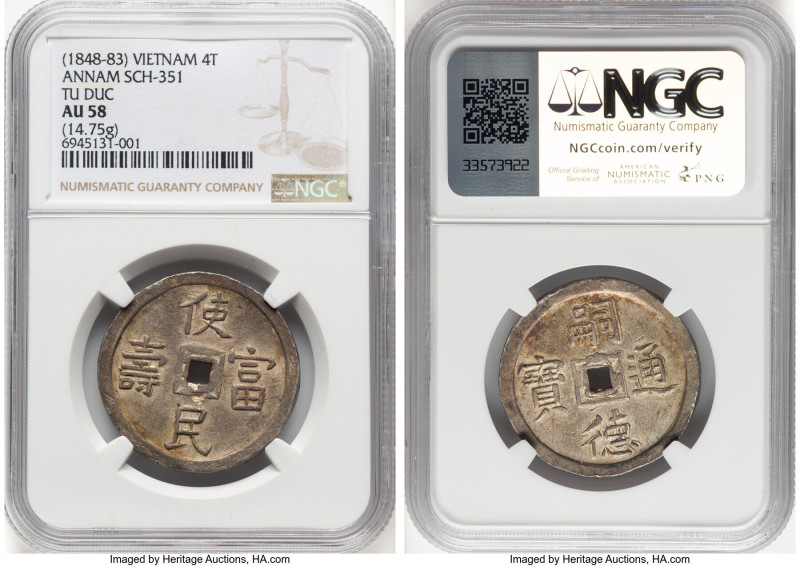 Tu Duc 4 Tien ND (1848-1883) AU58 NGC, KM448, Sch-351. 14.75gm. Lovely taupe pat...