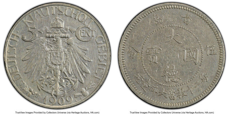 Kiau Chau. German Occupation 5 Cents 1909 AU Details (Cleaned) PCGS, Berlin mint...