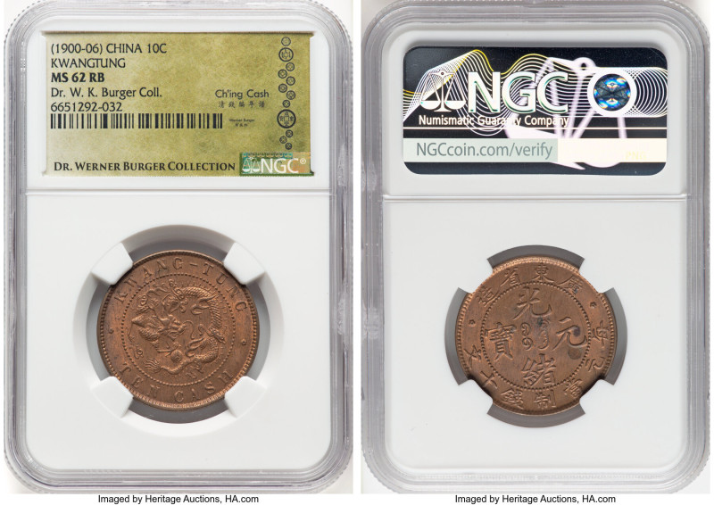 Kwangtung. Kuang-hsü 10 Cash (Cent) ND (1900-1906) MS62 Red and Brown NGC, KM-Y1...