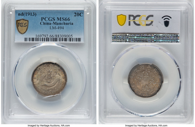 Manchurian Provinces. Hsüan-t'ung 20 Cents ND (1913) MS66 PCGS, KM-Y213a, L&M-49...