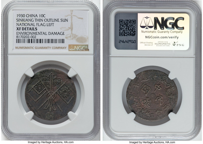 Sinkiang. Republic 10 Cash CD 1930 XF Details (Environmental Damage) NGC, Kashga...