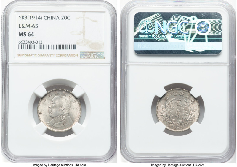 Republic Yuan Shih-kai 20 Cents Year 3 (1914) MS64 NGC, KM-Y327, L&M-65, Kann-65...